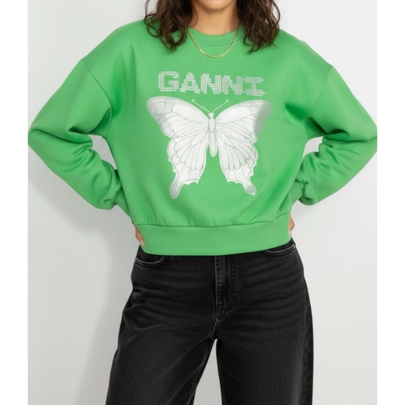 SOLD GANNI Isoli Butterfly Sweatshirt, Kelly Green, XXS - Picture 2 of 13